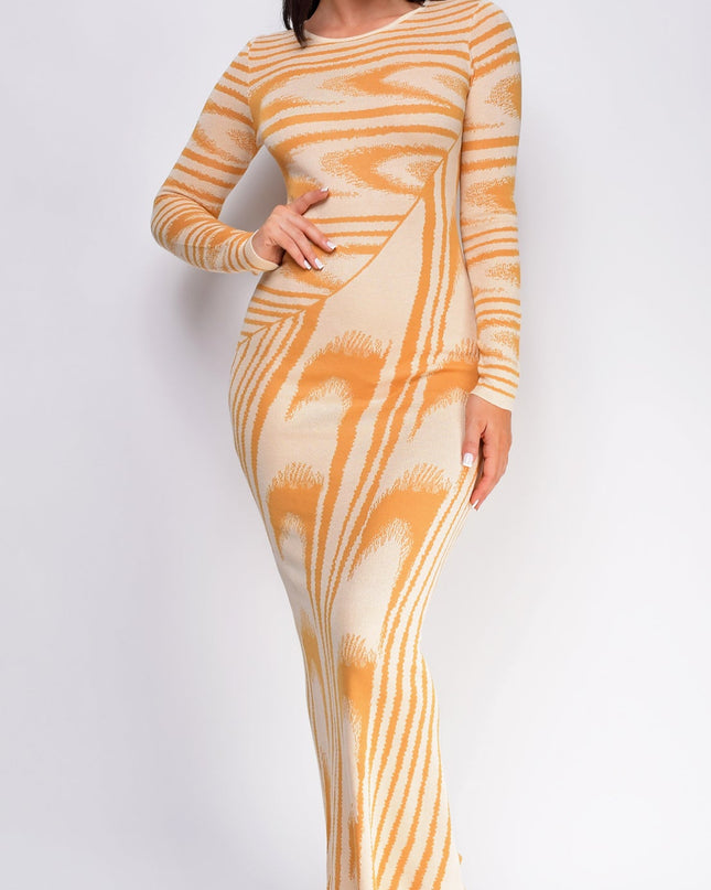 Beige Abstract Print Long Sleeve Maxi Dress