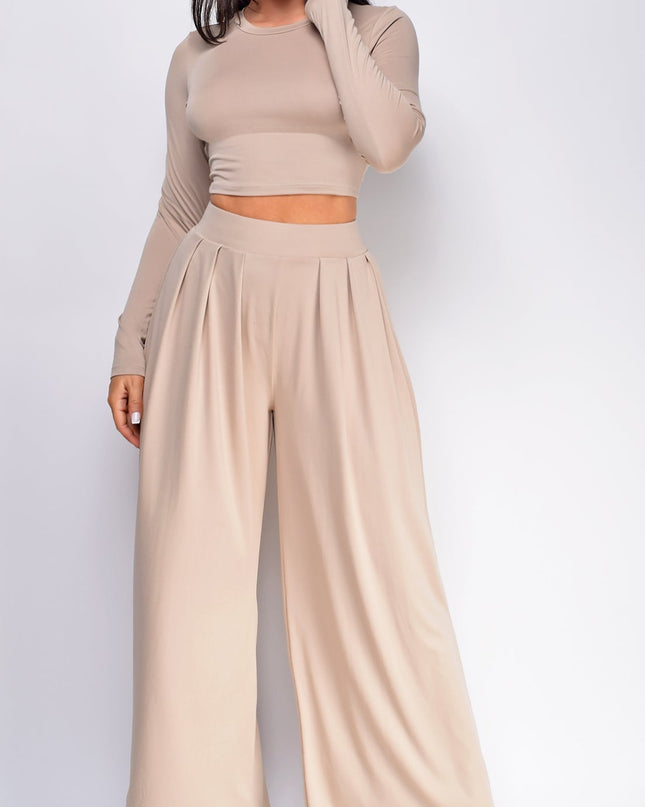 Taupe Beige Wide Leg Pants Set