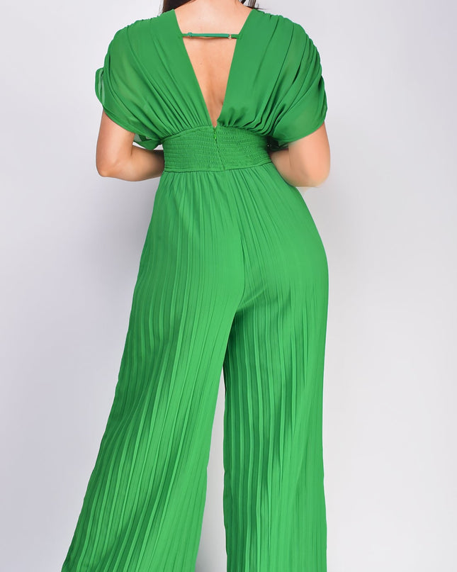 Green V Neck Pleated Jumpsuit