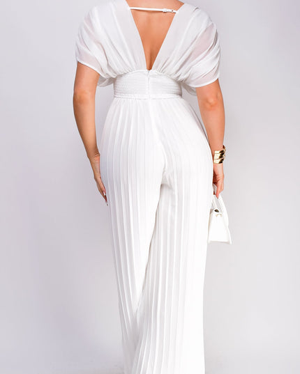 White V Neck Pleated Jumpsuit