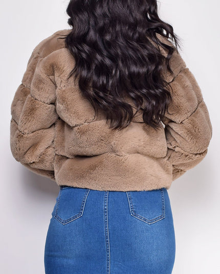 Taupe Brown White Faux Fur Coat