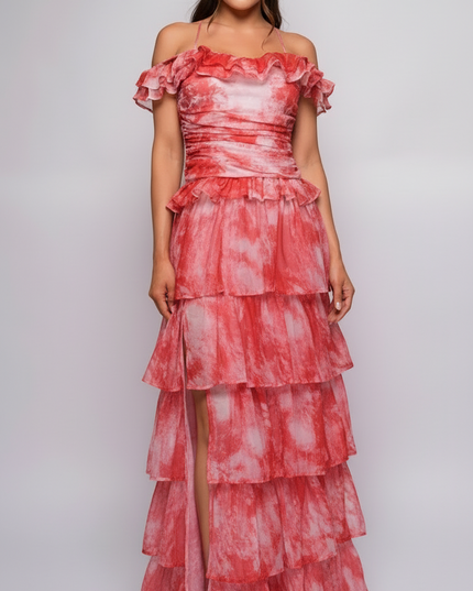 Red Tie Dye Ruffle Side Slit Maxi Dress