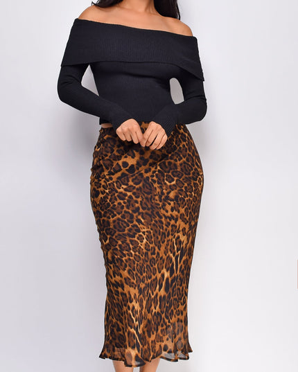 Brown Leopard Print Midi Skirt