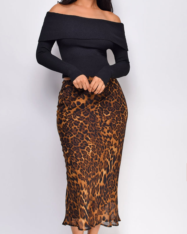 Brown Leopard Print Midi Skirt