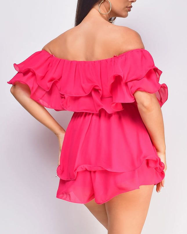 Pink Off Shoulder Ruffled Romper