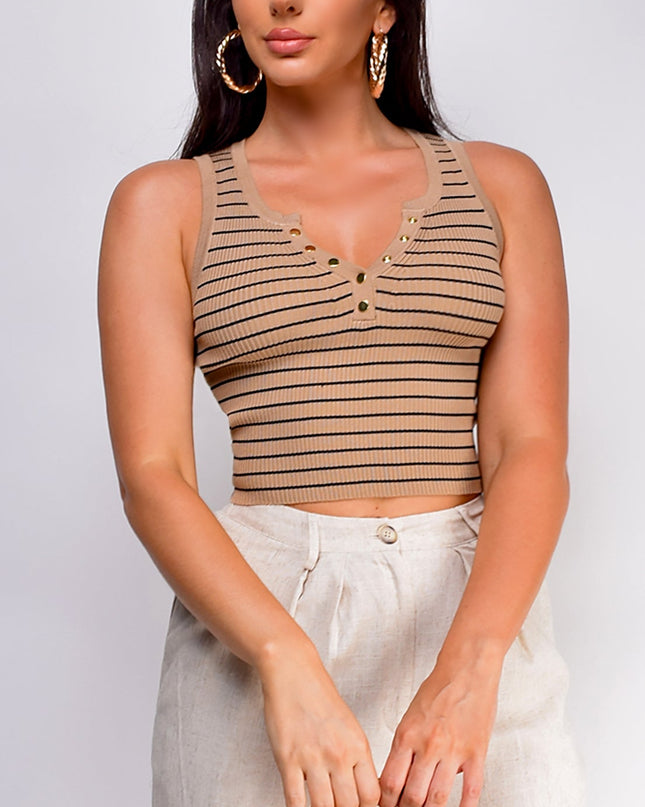 Beige Stripe Button Front Henley Crop Top