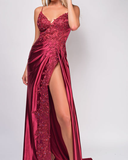 Burgundy Red Sequin Lace Detail Gown