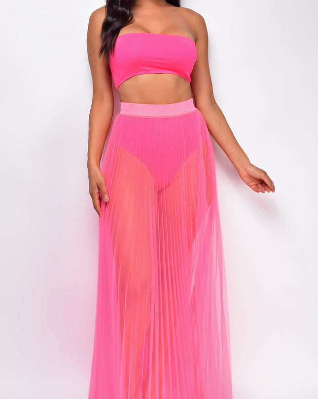 Neon Pink Pleated Sheer Tulle Maxi Cover-up Skirt