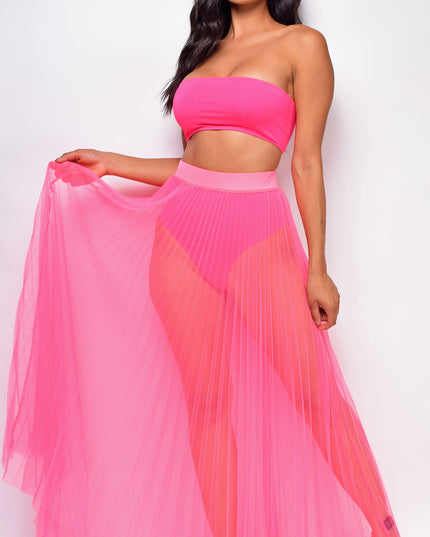 Neon Pink Pleated Sheer Tulle Maxi Cover-up Skirt