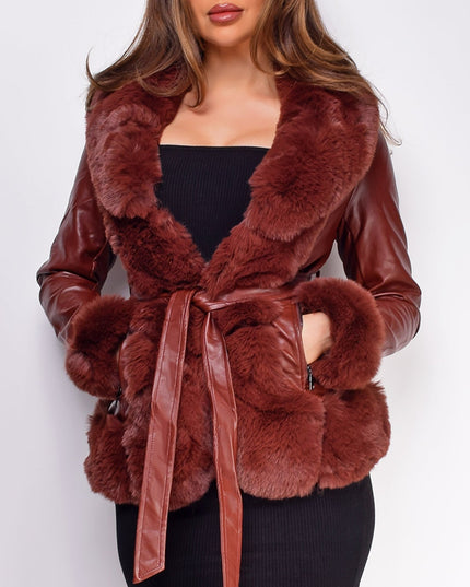 Brown PU Leather Belted Coat