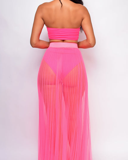 Neon Pink Pleated Sheer Tulle Maxi Cover-up Skirt
