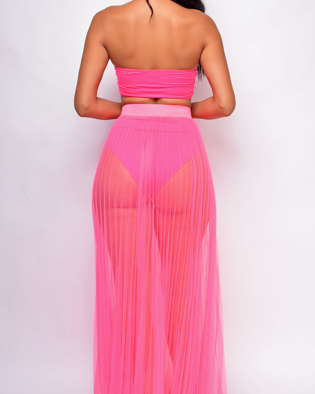 Neon Pink Pleated Sheer Tulle Maxi Cover-up Skirt