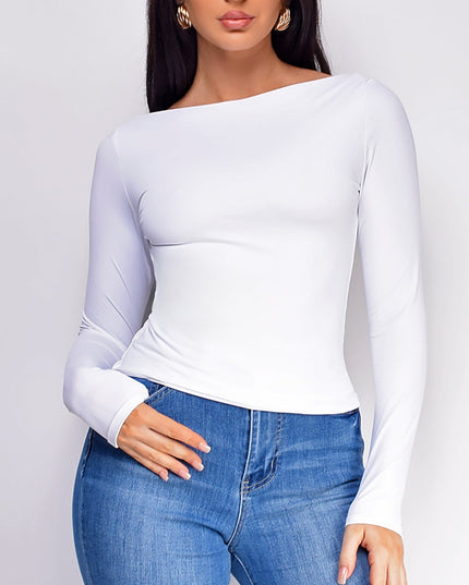 White Basic Boat Neck Long Sleeve Top