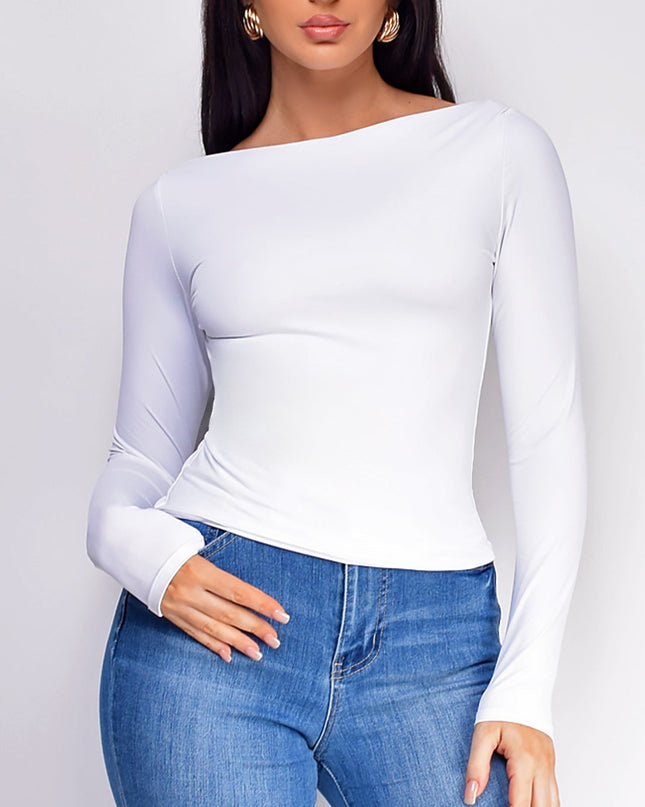 White Basic Boat Neck Long Sleeve Top
