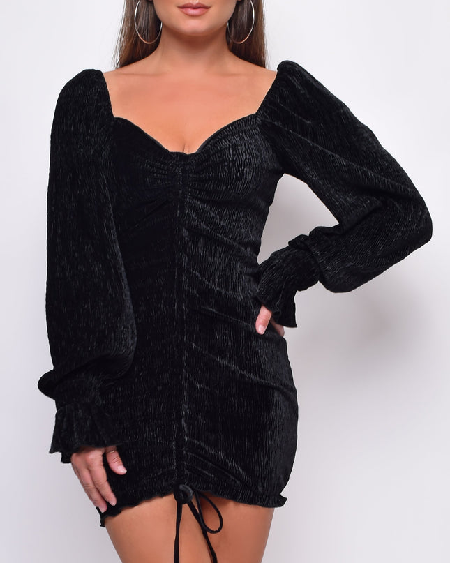 Black Velvet Long Sleeves Ruched Dress