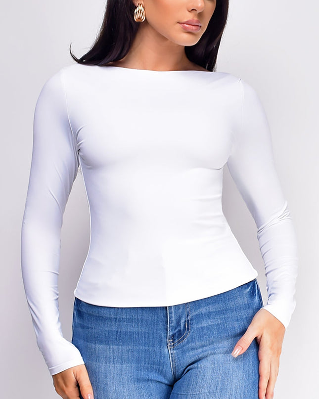 White Basic Boat Neck Long Sleeve Top