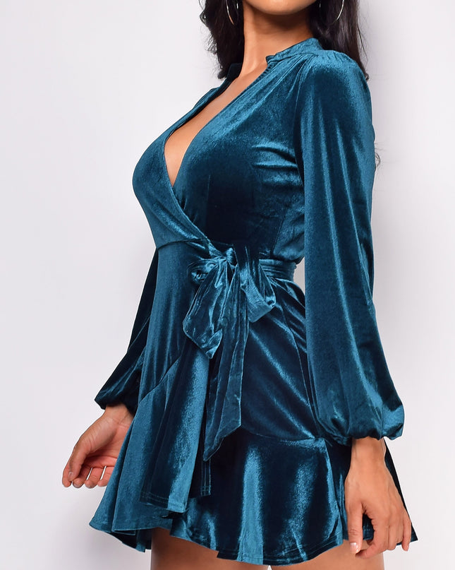 Teal Blue Green Ruffled Wrap Velvet Mini Dress