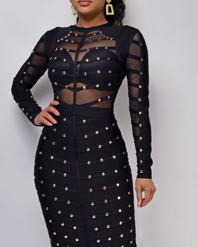 Black Studded Mesh Bandage Dress