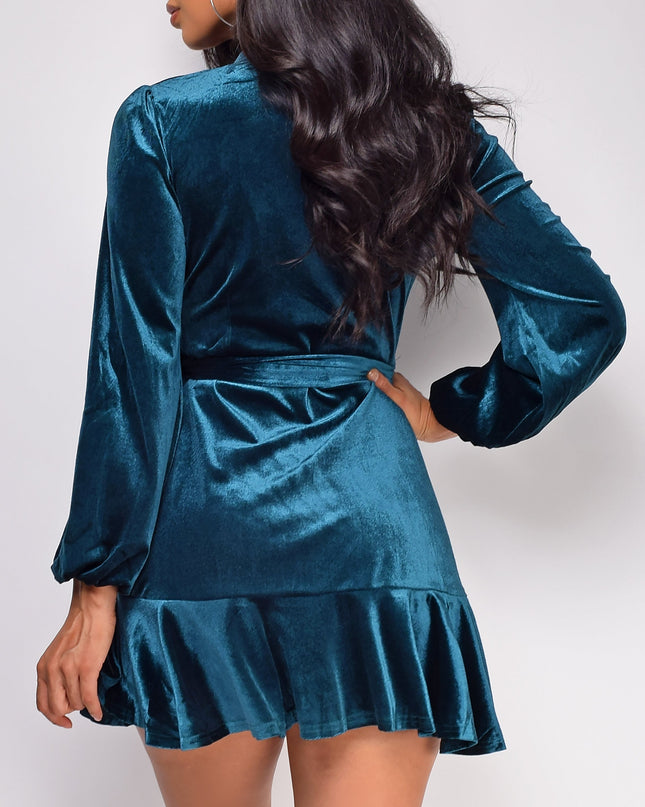 Teal Blue Green Ruffled Wrap Velvet Mini Dress