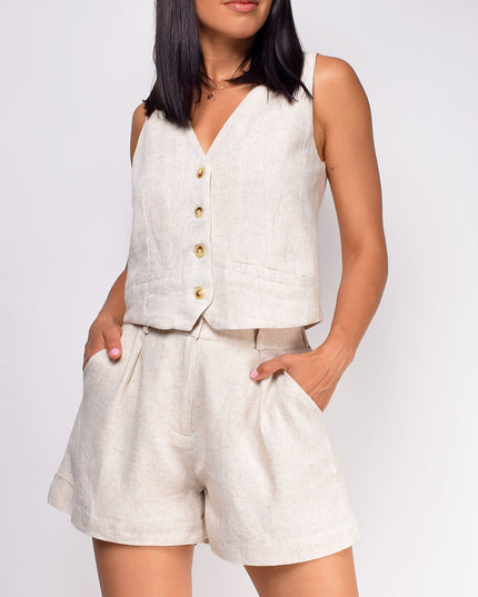 Beige Linen Vest Shorts Set