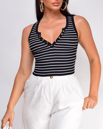 Black Stripe Button Front Henley Crop Top