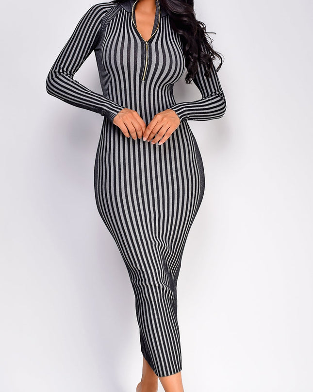 Gray Two Tone Front Zipper Maxi Dress