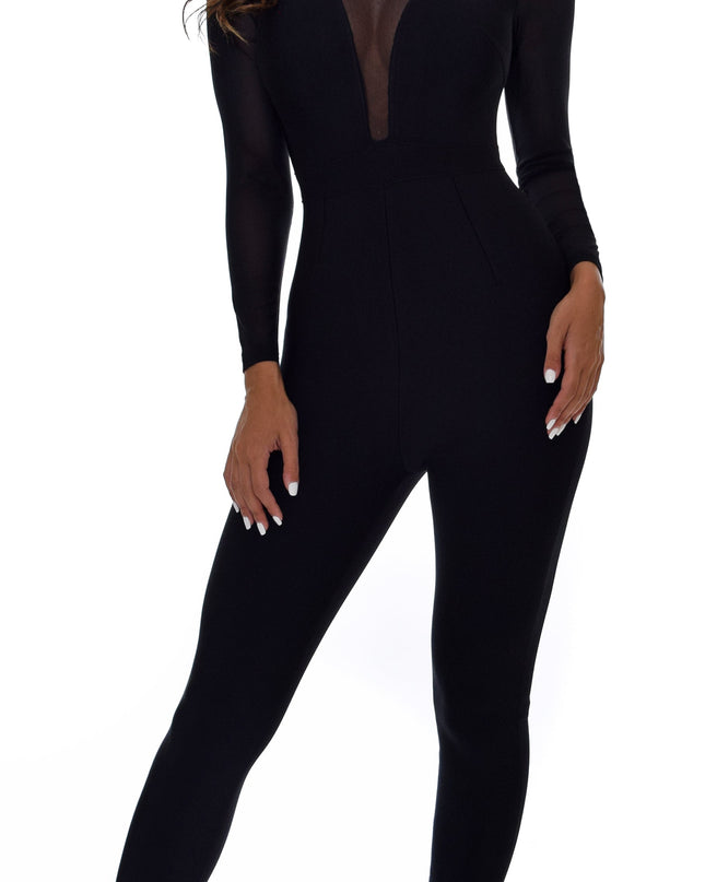 Black Mesh Long Sleeve Bandage Jumpsuit