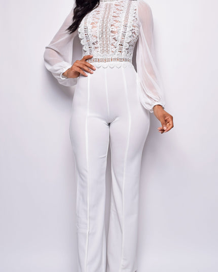 White Crochet Lace Mesh Jumpsuit