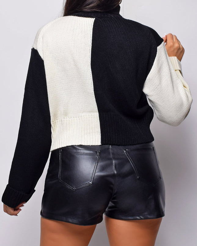Black White Color Block Turtle Neck Sweater Top
