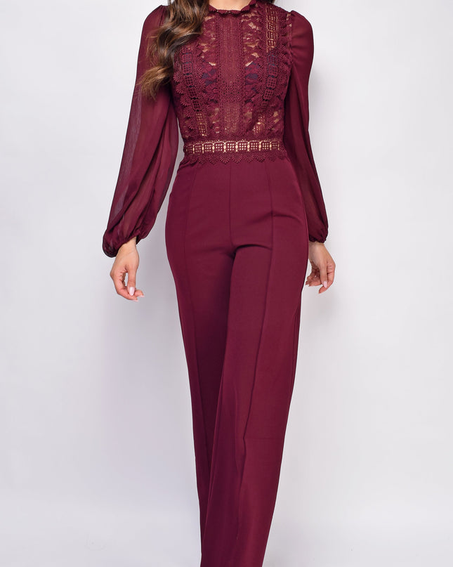 Burgundy Red Crochet Lace Mesh Jumpsuit