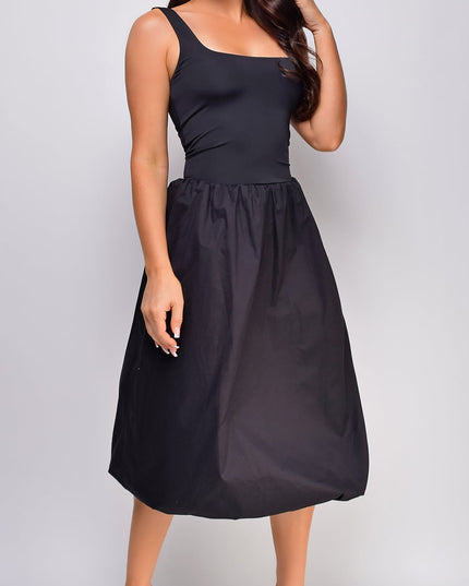 Black Mixed Media Balloon Midi Dress