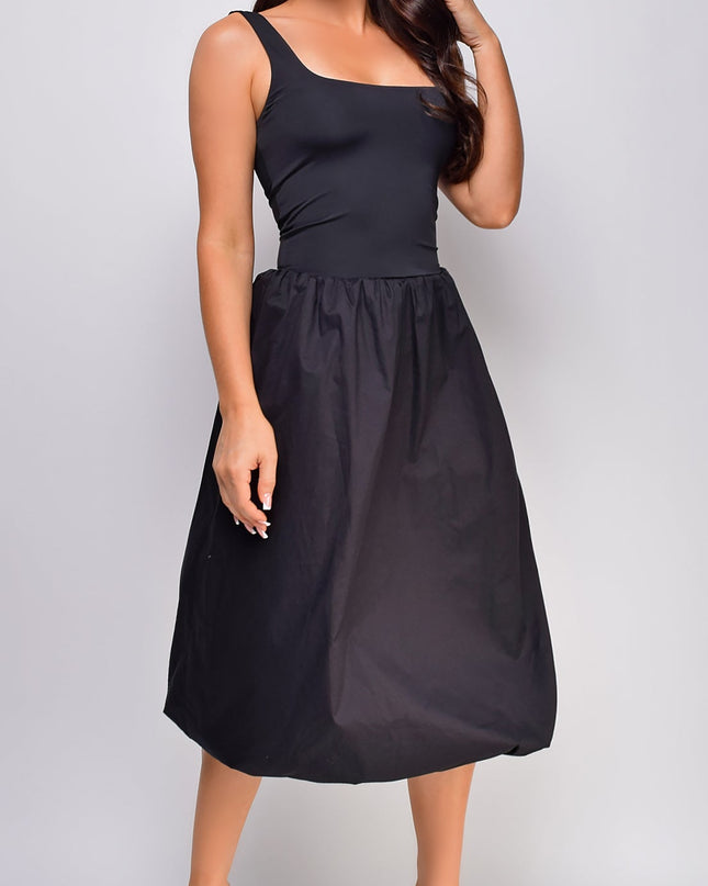 Black Mixed Media Balloon Midi Dress