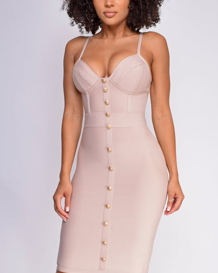 Nude Gold Button Bandage Dress