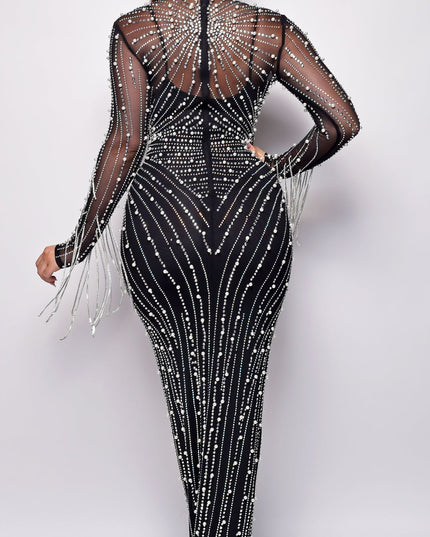 Black Rhinestone Pearl Maxi Dress