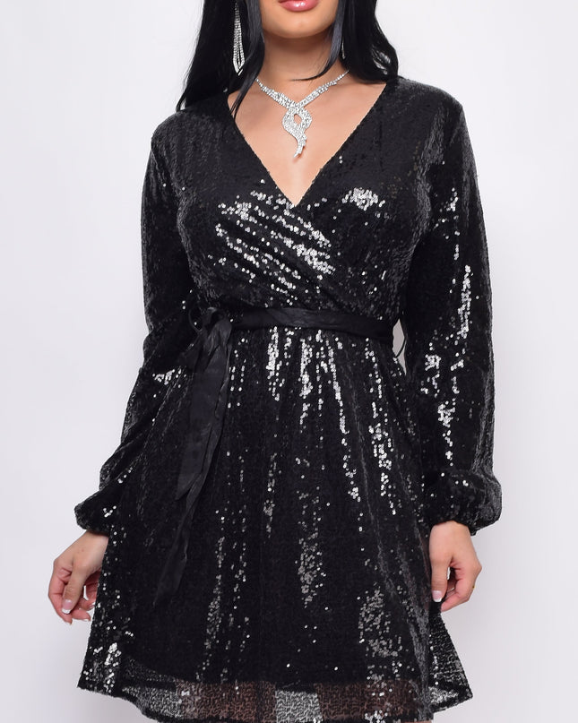 Black Sequin Belted Long Sleeve Midi Dress