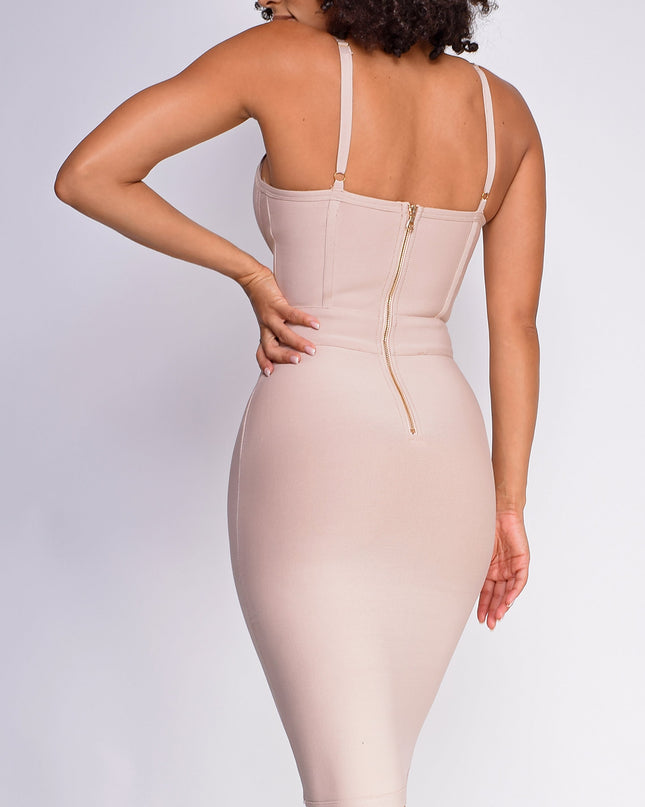 Nude Gold Button Bandage Dress