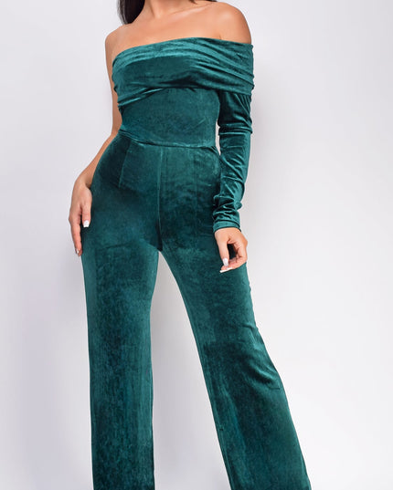 Green One Shoulder Velvet Jumpsuit