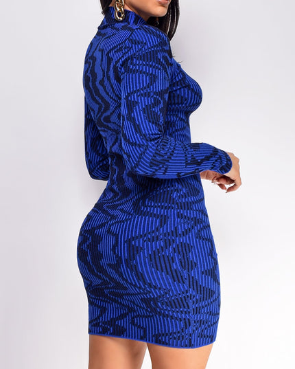 Navy Blue Wave Print High Neck Mini Dress