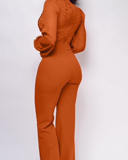 Cognac Brown Crochet Lace Mesh Jumpsuit