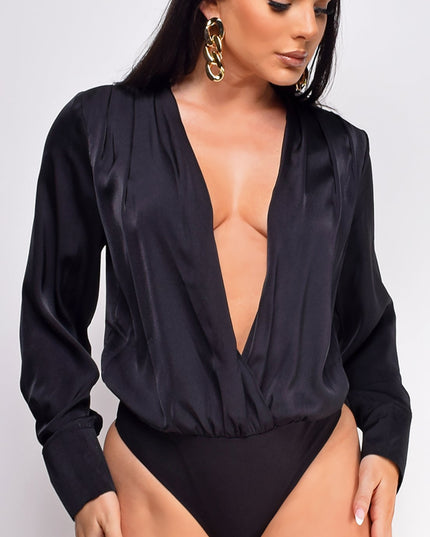 Black Pleated V Neck Satin Bodysuit
