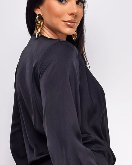 Black Pleated V Neck Satin Bodysuit