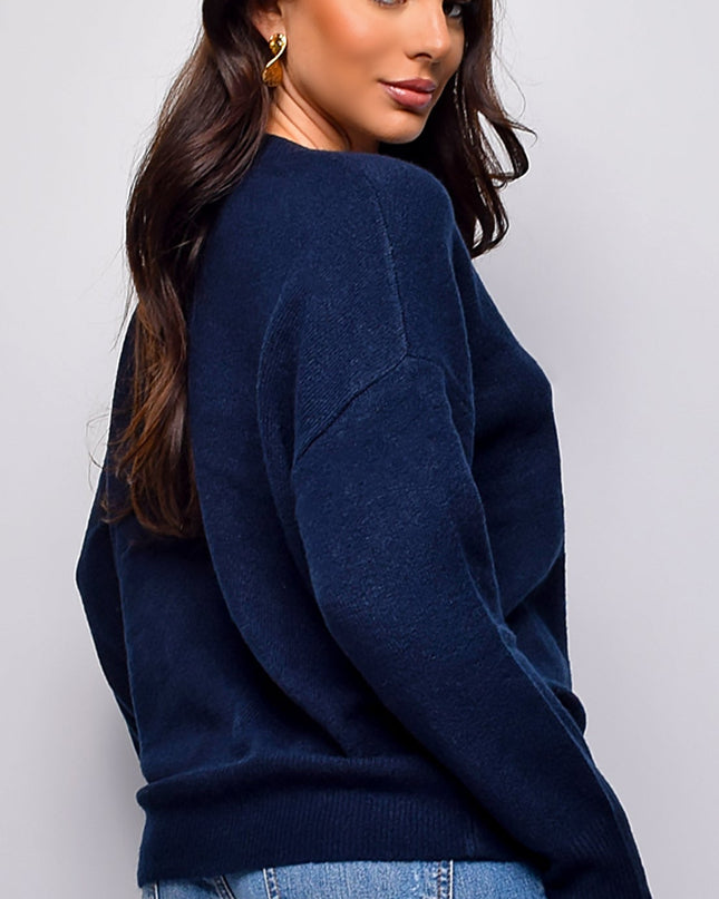 Blue V Neck Drop Shoulder Sweater Top