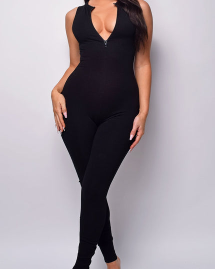 Black Snatched Zipper Sleeveless Jumpsuit