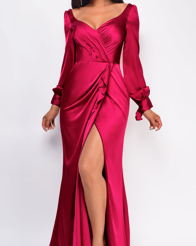 Burgundy Red Satin Wrap Slit Gown