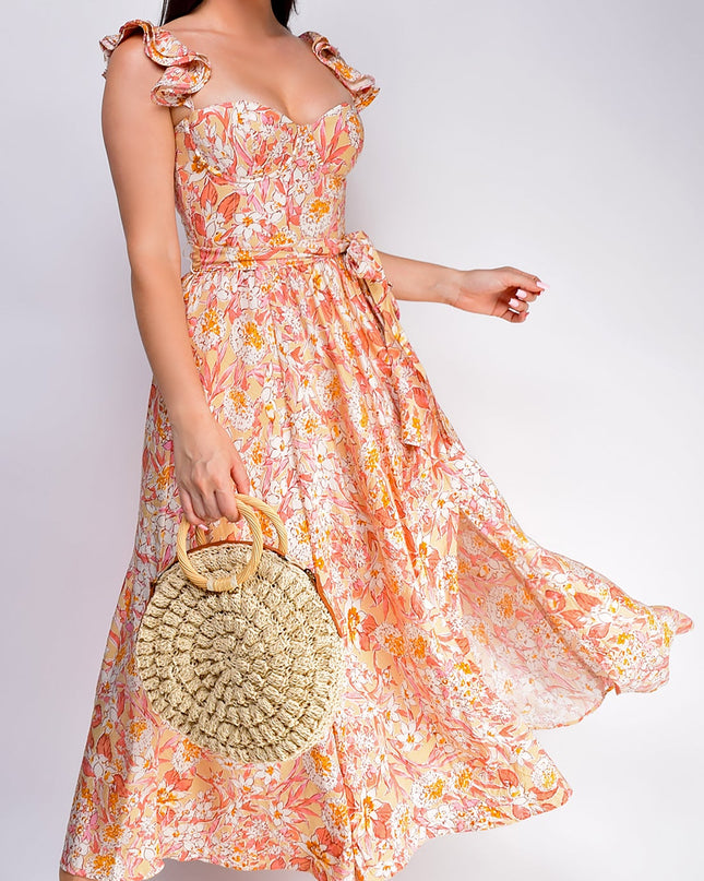 Sunset Floral Corset Ruffle Midi Dress