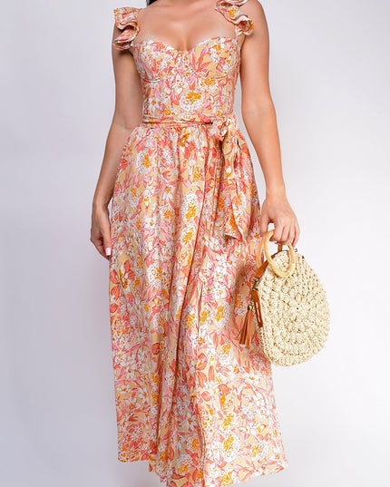 Sunset Floral Corset Ruffle Midi Dress