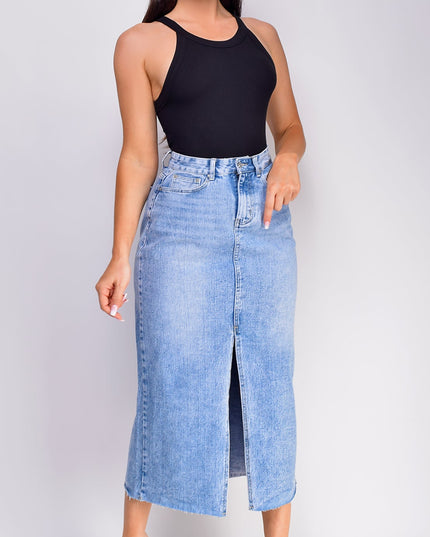 Blue High Rise Denim Midi Skirt