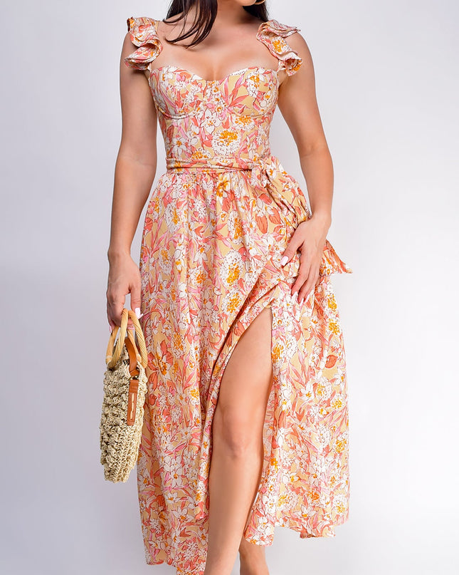 Sunset Floral Corset Ruffle Midi Dress