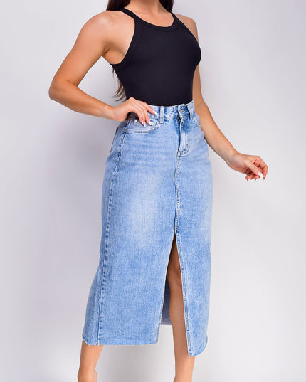 Blue High Rise Denim Midi Skirt