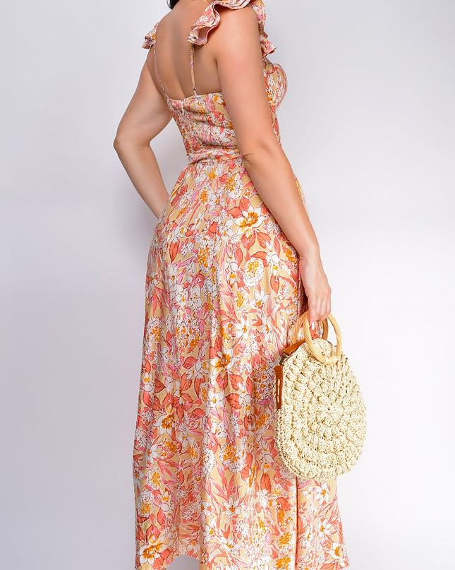 Sunset Floral Corset Ruffle Midi Dress
